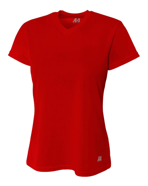 A4 Women's Short Sleeve V-Neck Birds Eye Mesh Tee (NW3254), Color 'Scarlet'